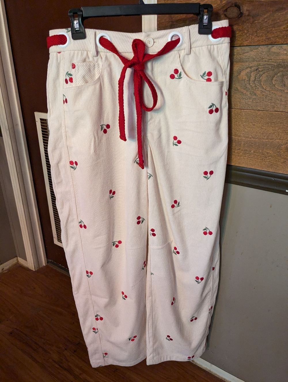 Cider Corduroy Mid Rise Cherry Embroidery Barrel Leg Trousers - Picture 5 of 11